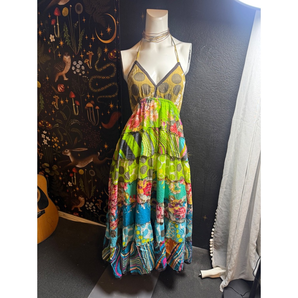 Boho Patchwork Floral Tiered Maxi Dress Halter Neck Multi-Color Summer Festival - Picture 6 of 6